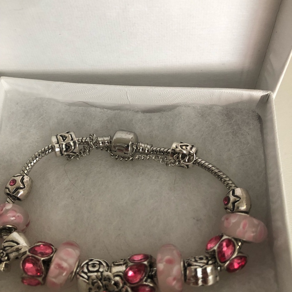 Pink Austrian Crystal and Silverstone Floral Charm Bracelet.
